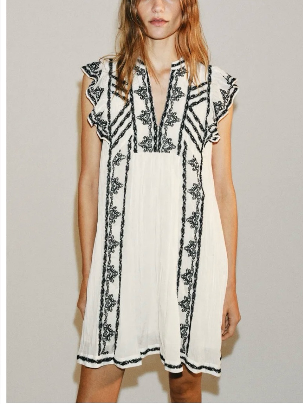 Zara White Short Sleeve Top with Black Embroidery